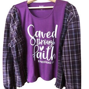 Flannel Tee Upcycle, Size L-XL: Oversized Graphic T-Shirt, Christian Faith Shirt